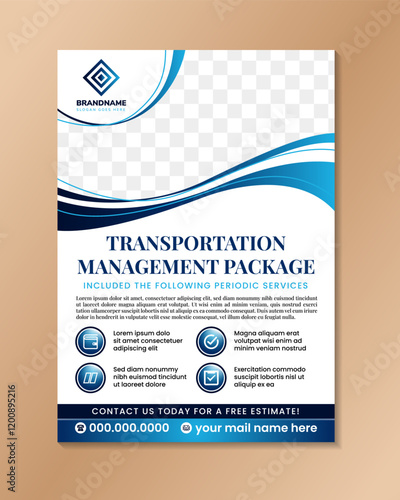 transportation management package Flyer Design Template. cleaning and periodic services banner in vertical layout. Vector blue gradient in A4 flyer size. space for photo and infographic