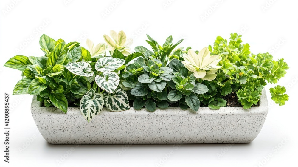 Fototapeta premium Lush Green and White Plants in Modern Rectangular Planter Indoor Gardening Home Decor