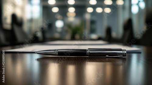 The Contract Awaits: A close-up of a sleek pen resting on a mahogany table, with a contract and blurred meeting room background, suggests the impending finalization of a significant agreement.   photo