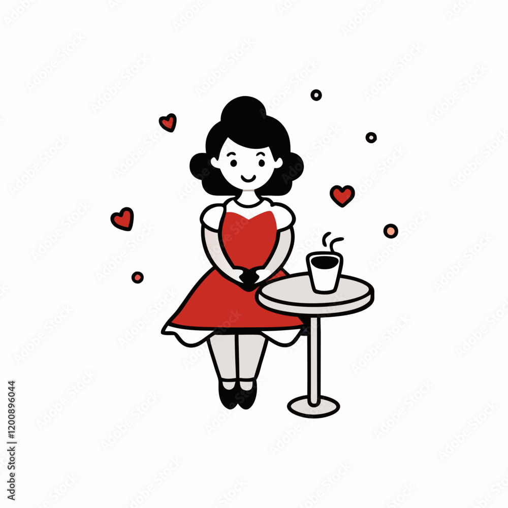 Sticker design of A pop girl in a vintage dress, sitting at a café table with a heart-topped latte, surrounded by heart garlands and confetti Sticker design of A pop girl in a vintage dress, sitting at a café table with a heart-topped latte, surrounded by heart garlands and confetti
