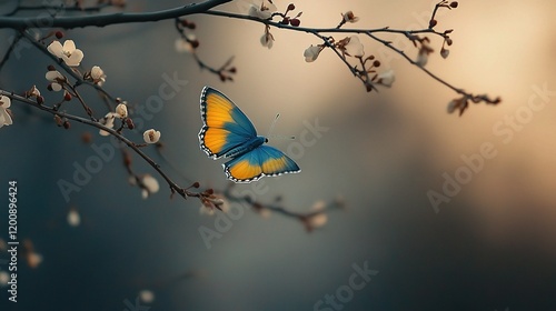 Blue and Yellow Butterfly in Flight Near Delicate Blossoms photo