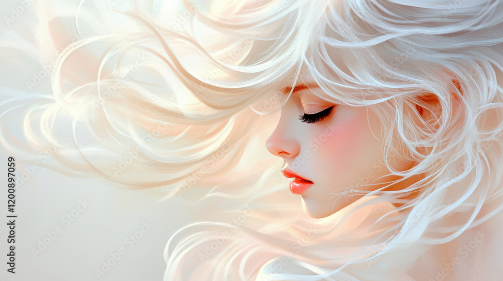 serene portrait of woman with flowing white hair, soft ivory tones transitioning to light ash, and dreamy, airy atmosphere. image exudes elegance and tranquility serene portrait of woman with flowing white hair, soft ivory tones transitioning to light ash, and dreamy, airy atmosphere. image exudes elegance and tranquility