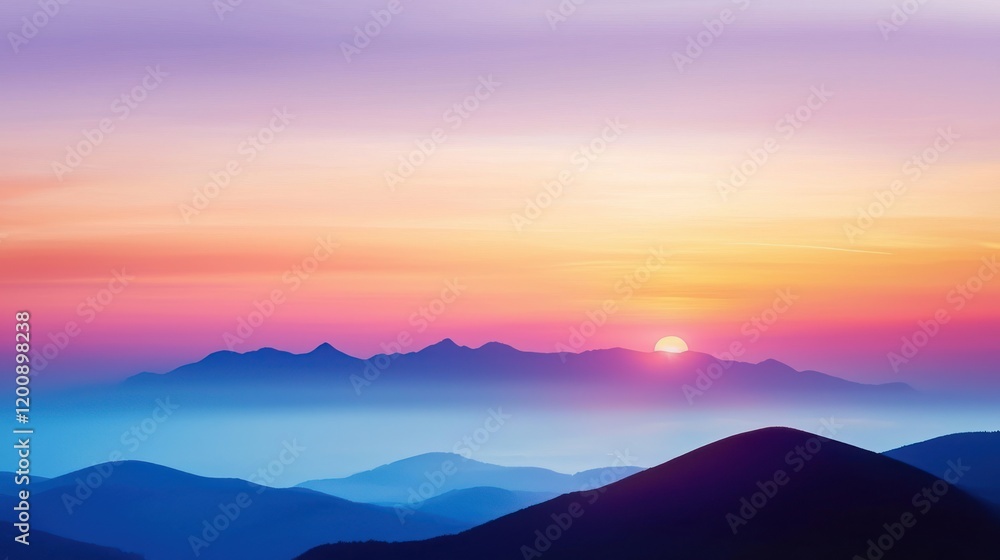 Obraz premium Serene sunset over layered mountains in soft pastel colors.