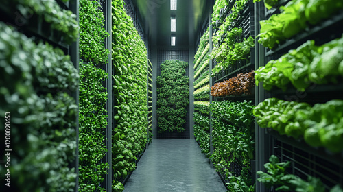 a long row of green plants in a large room photo