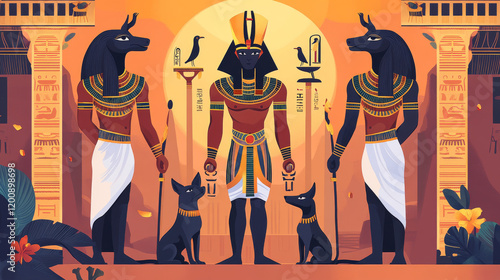 Travel to Egypt icons, Egyptian gods and country sights. Isolated vector Ra and Anubis, dog and cat, falcon and stork. Great pyramids on ancient museum of rarities and antiquities symbols photo