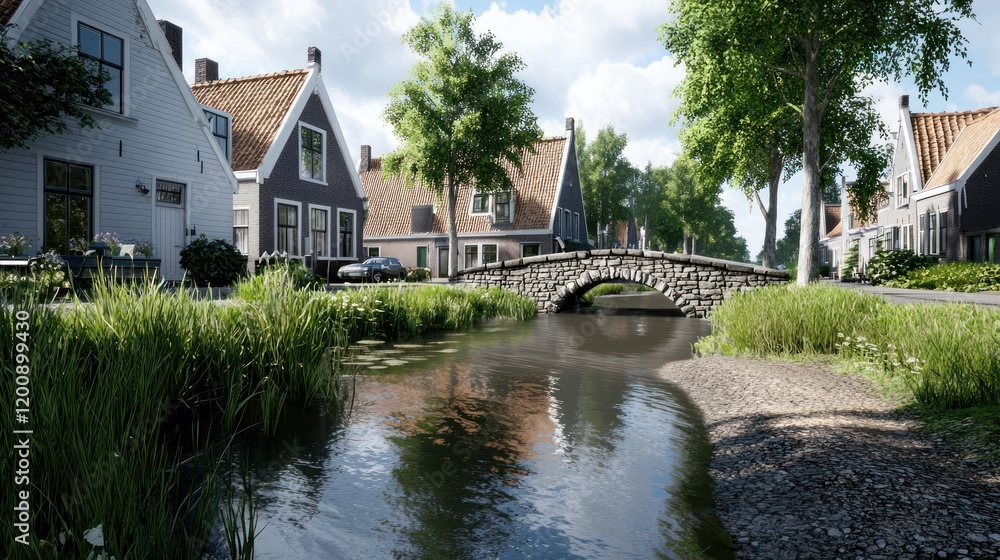 Scenic view of a canal with houses and a stone bridge. Scenic view of a canal with houses and a stone bridge.