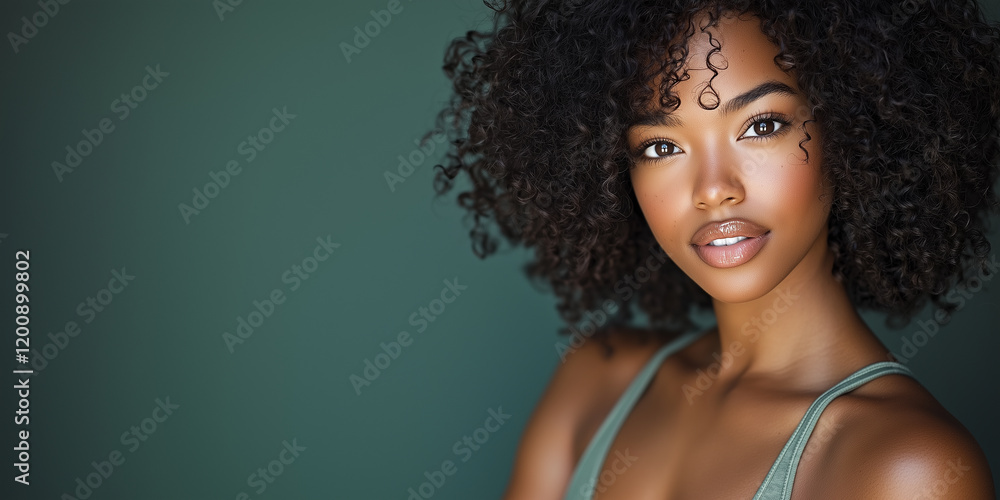 portrait, Beautiful Black girl with curly hair, wearing a tank top, an Instagram model. color photo portrait, Beautiful Black girl with curly hair, wearing a tank top, an Instagram model. color photo