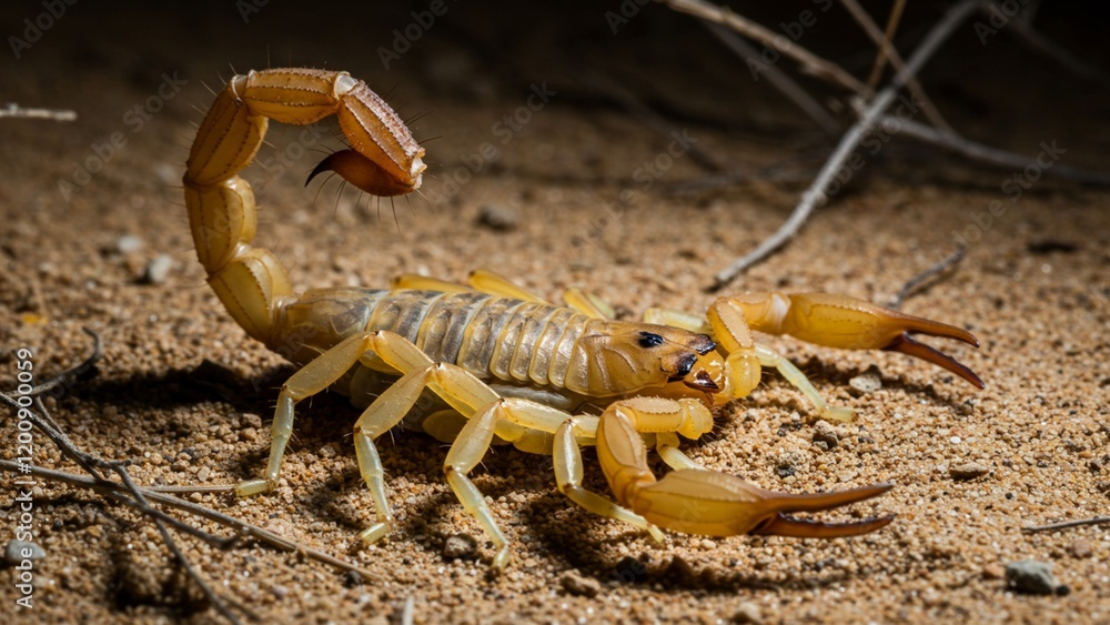 This detailed image showcases the Arizona Bark Scorpion, a venomous species native to the southwestern United States This detailed image showcases the Arizona Bark Scorpion, a venomous species native to the southwestern United States