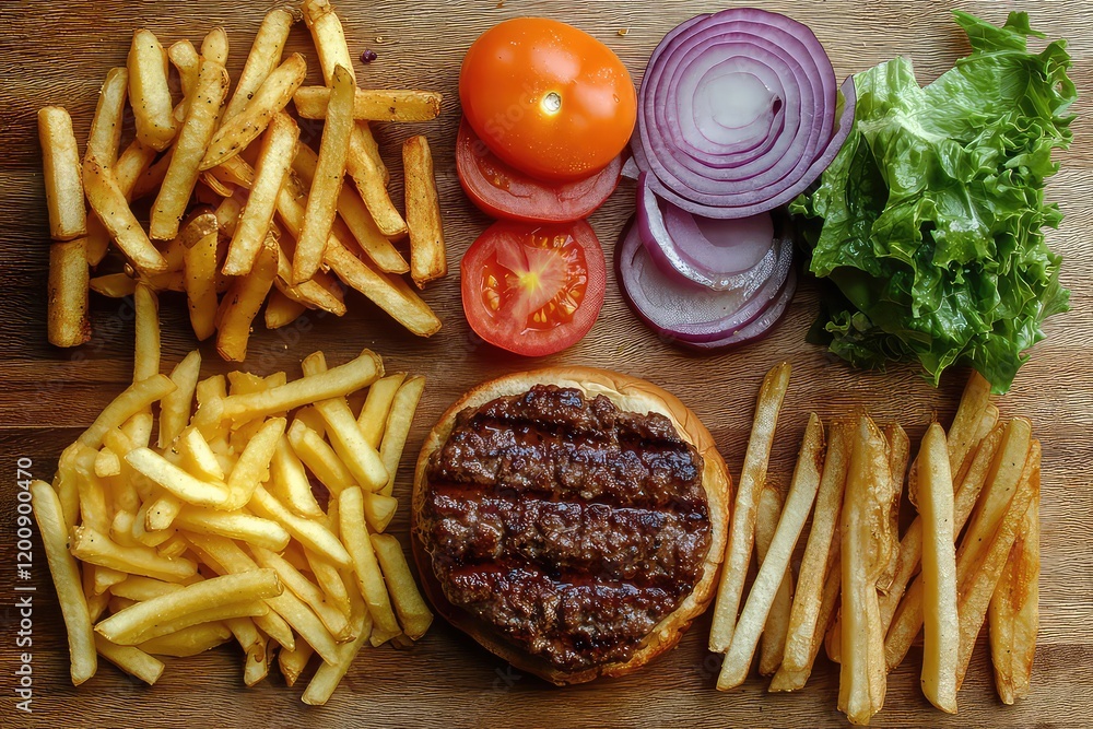 . A deconstructed burger with all its elements--patty, bun, lettuce, tomato, and cheese--laid out beside a pile of fries. . A deconstructed burger with all its elements--patty, bun, lettuce, tomato, and cheese--laid out beside a pile of fries.