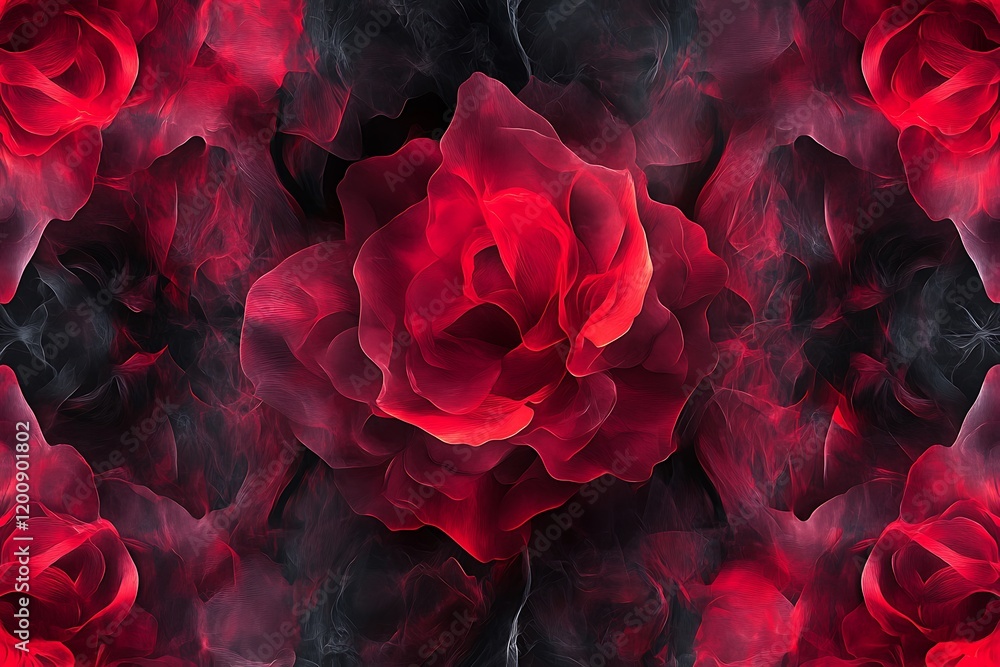 Naklejka premium Seamless Decorative Red Roses Pattern with Smoky Shapes: Elegant Floral Design for Textiles, Wallpapers, and Romantic Décor