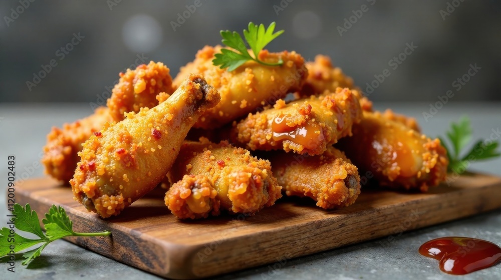 Crispy Fried Chicken Wings on Wooden Board with Parsley Garnish and Spicy Sauce Crispy Fried Chicken Wings on Wooden Board with Parsley Garnish and Spicy Sauce