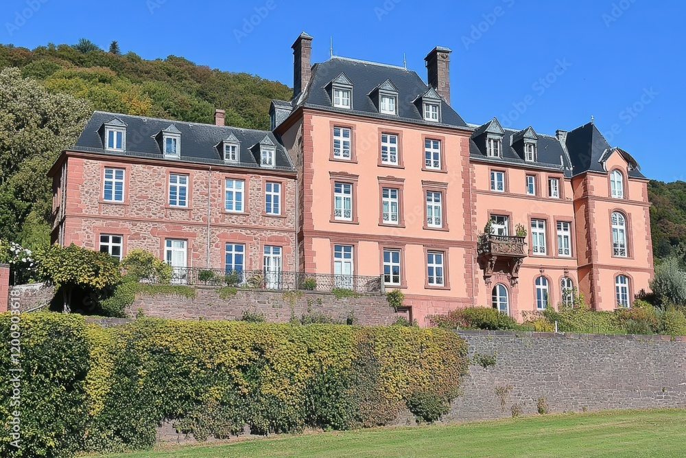 A charming pink mansion surrounded by greenery, set against a clear blue sky, showcasing elegant architecture and historical beauty. A charming pink mansion surrounded by greenery, set against a clear blue sky, showcasing elegant architecture and historical beauty.