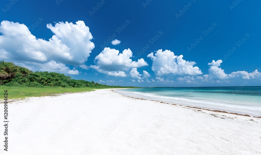 Tropical beach paradise, turquoise ocean, white sand, lush vegetation. Vacation travel Tropical beach paradise, turquoise ocean, white sand, lush vegetation. Vacation travel