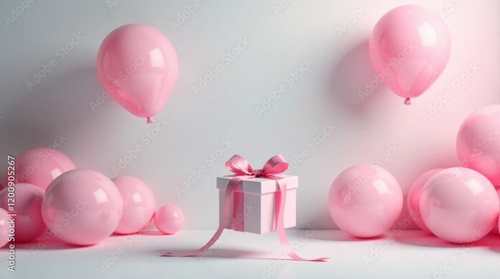 A delightful present floats serenely amidst a cluster of pastel pink balloons, creating a charming and festive scene. A delightful present floats serenely amidst a cluster of pastel pink balloons, creating a charming and festive scene.