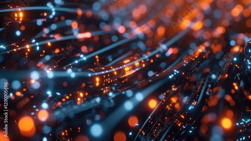 This captivating image features flowing cables illuminated by vibrant blue and orange lights, creating an abstract representation of digital networks and technology.