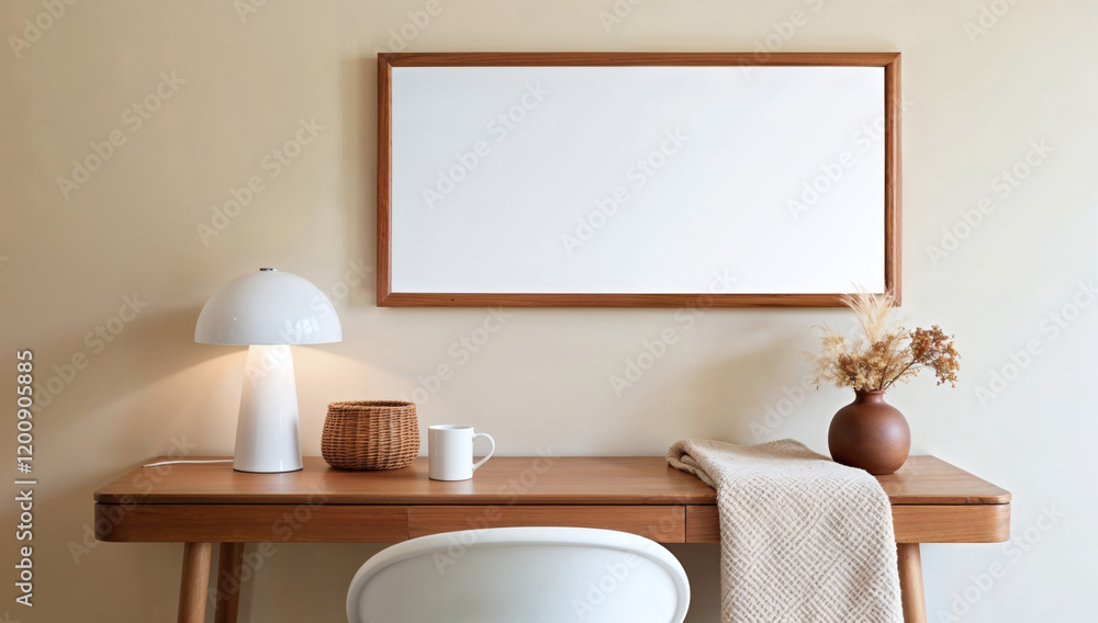 Obraz premium Cozy living room with a table, sofa, armchair, and lamp, featuring stylish furniture and a window for natural light