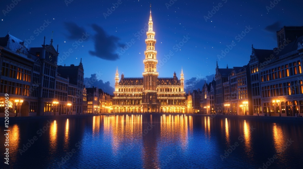 Obraz premium Night view of a grand building illuminated by lights.