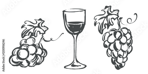 Wine glass and grapes in minimalist style. Vector illustration imitating ink and brush drawing. Clipart for wine list, winery and craft wine.