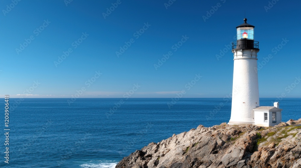 A lighthouse stands on rocky shores, guiding ships at sea. A lighthouse stands on rocky shores, guiding ships at sea.