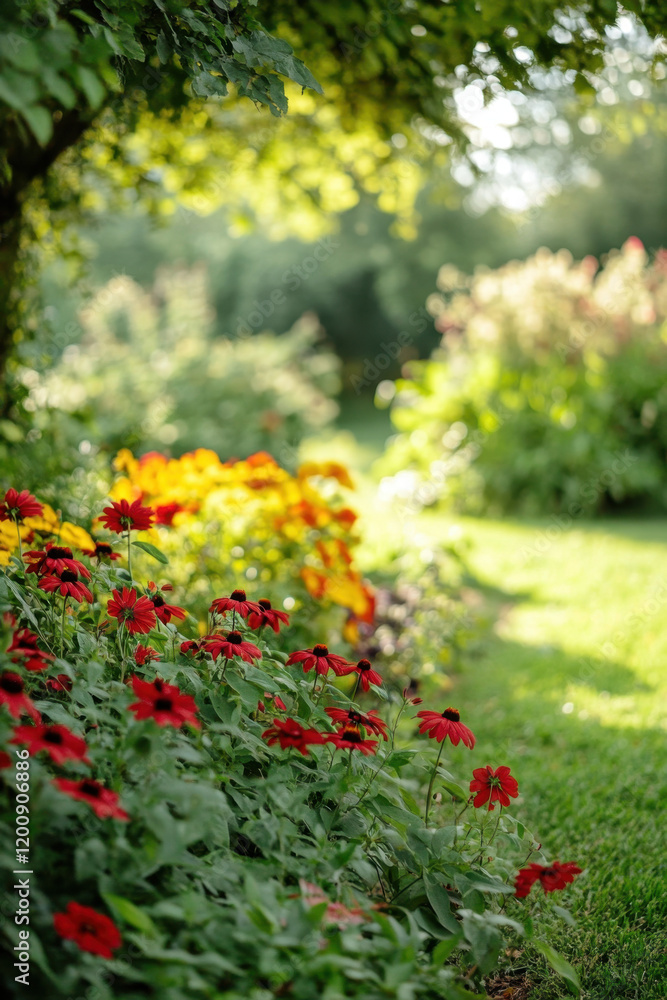 A vibrant garden scene featuring blooming red and yellow flowers under a lush green canopy on a sunny day. A vibrant garden scene featuring blooming red and yellow flowers under a lush green canopy on a sunny day.