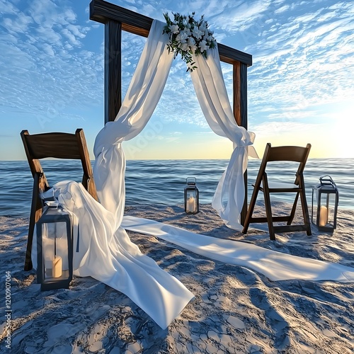 Dreamy Beach Wedding Arch with Tropical Flowers and Turquoise Ocean Backdrop