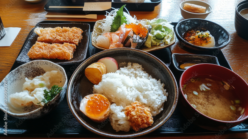 Japanese cuisine food dishes, Japan authentic traditional meals and restaurant menu, vector. Japanese cuisine seafood tempura, vinegar potatoes and miso fried pork, minced cutlets and squid rings