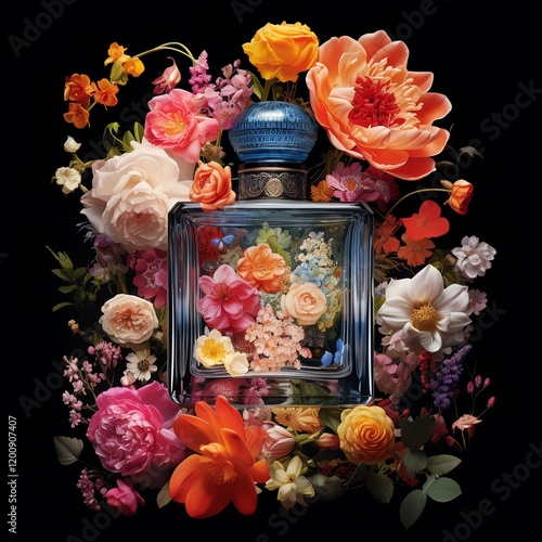 Elegant perfume bottle surrounded by vibrant flowers, highlighting luxury and beauty. Perfect for cosmetic and fragrance themes.