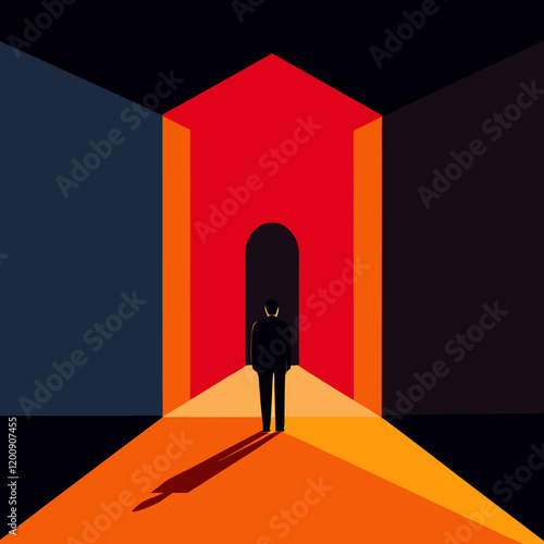 Vector art illustration of standing at the entrance to a brightly lit space