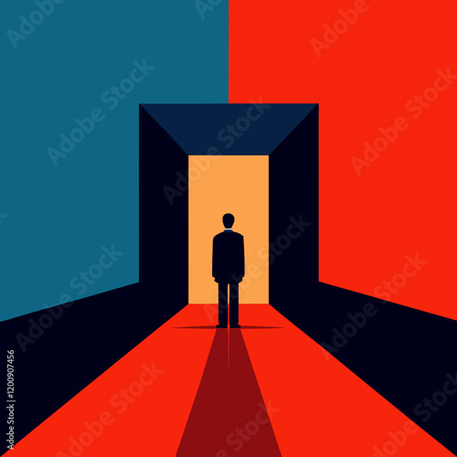 Vector art illustration of standing at the entrance to a brightly lit space