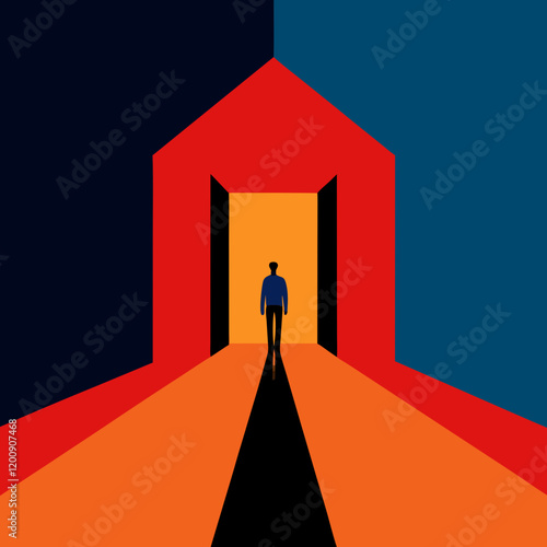 Vector art illustration of standing at the entrance to a brightly lit space