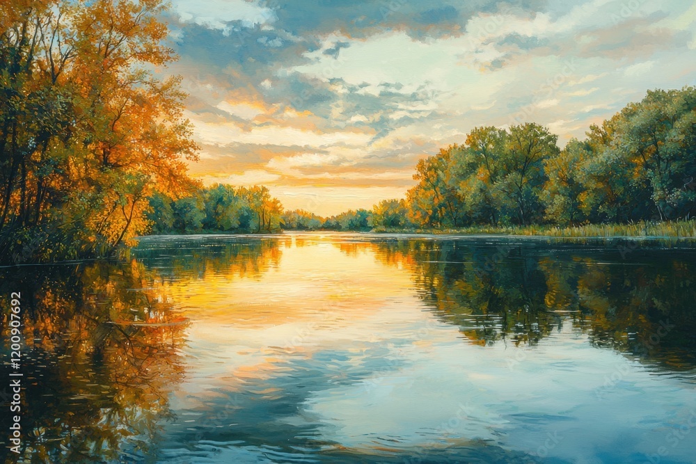Obraz premium Tranquil river reflection at sunset nature scene