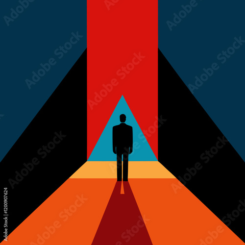 Vector art illustration of standing at the entrance to a brightly lit space