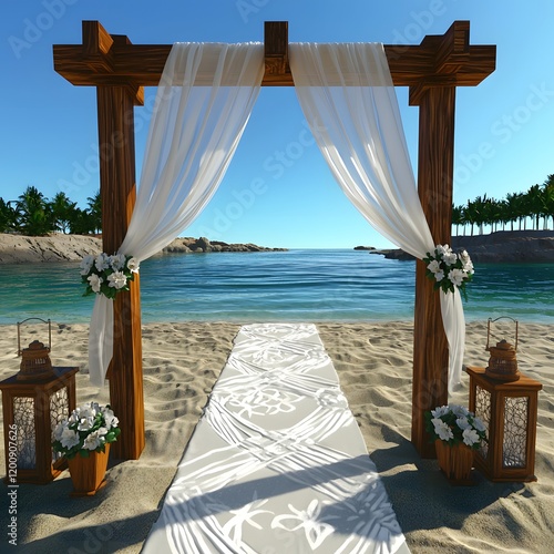 Dreamy Beach Wedding Setting with Wooden Arch and White Fabric Canopy Decorated with Tropical Flowers