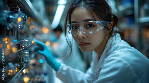 a woman in a lab coat and goggles