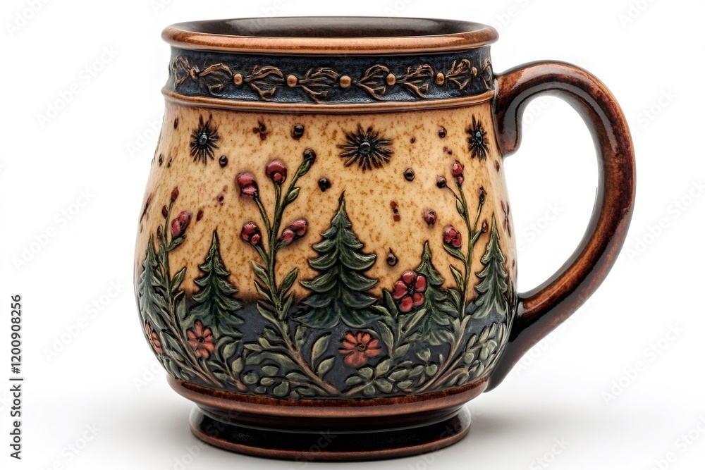 Ceramic mug featuring intricate floral and forest design on beige background Ceramic mug featuring intricate floral and forest design on beige background