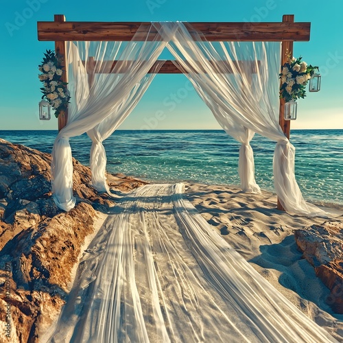 Dreamy Beachfront Wedding Ceremony with Wooden Arch and Tropical Floral Decor