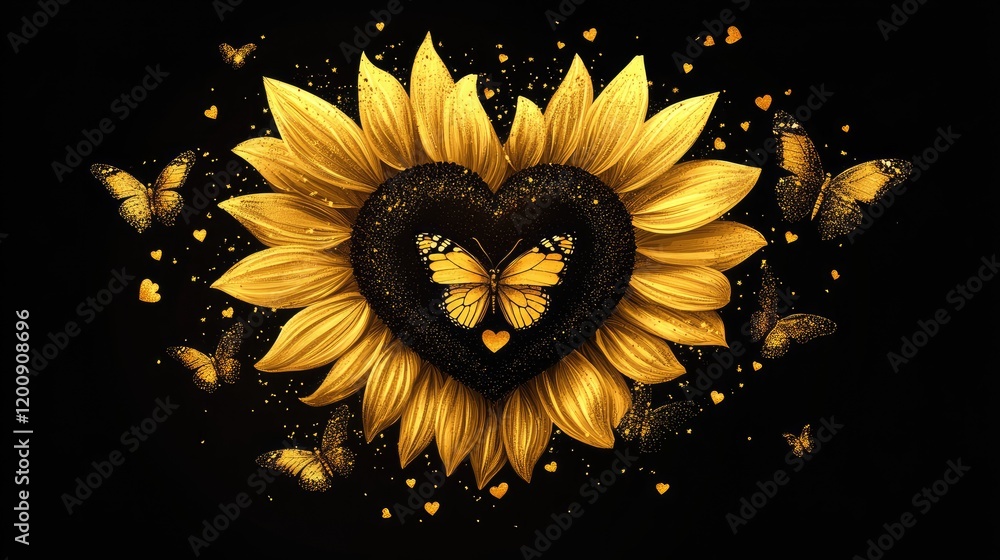 Fototapeta premium Golden sunflower with heart and butterfly embracing love and nature