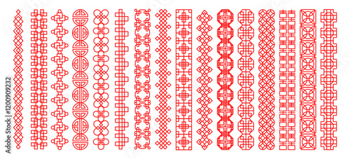 Chinese pattern frame. China ornament. Oriental design. Geometric decorations. Asia sign background. Traditional vintage graphic style. Red line national flat motif. Vector Asian label borders set