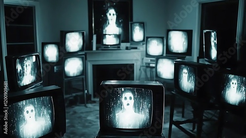 Spectral figures on vintage TVs fill a room, creating a chilling atmosphere for horror or thriller media