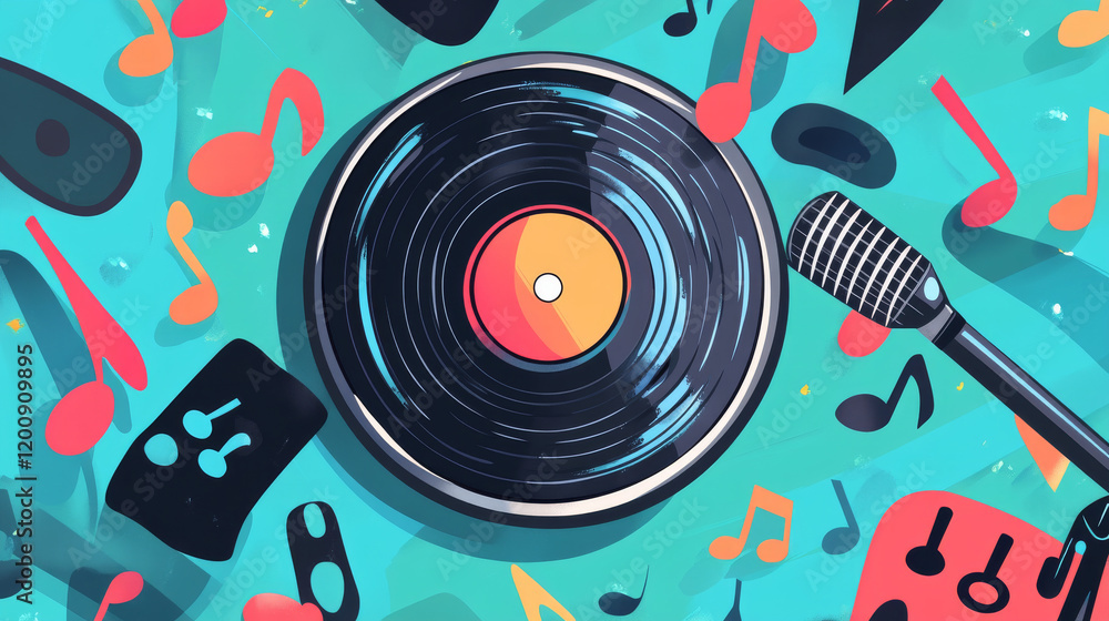 Fototapeta premium Cartoon retro groovy vinyl record character sings passionately with microphone and funky melody notes flying around, embodying soulful vibe of classic music. Isolated vector vintage musical personage