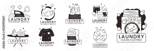 Laundry logo. Clothing wash icons. Basket for clean bedding linen. Washing machine. Label service housekeeping. Retro detergent foam symbols. Laundromat and iron. Vector design garish logotypes set