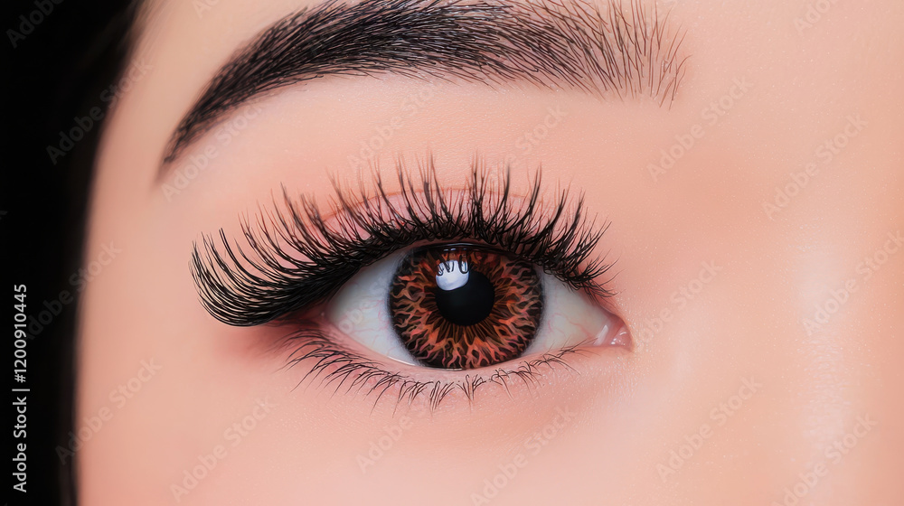 Obraz premium Close up of beautifully enhanced eye with long, voluminous eyelashes and natural makeup
