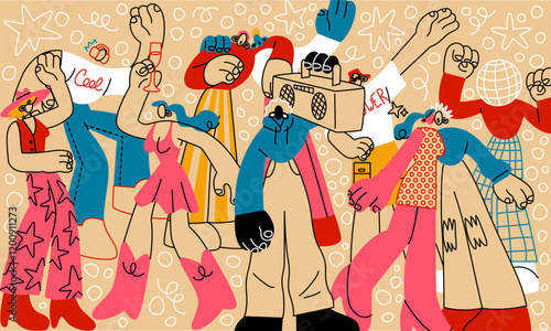 Youth group. Joyful characters crowd. Abstract grunge drawing. Happy young people dance. Disco music party. Modern community of zoomers. A generation of positive girls and boys. Vector illustration