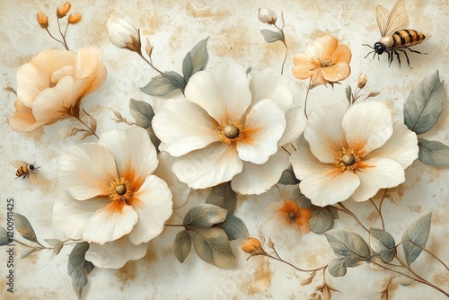 Bees flying around white flowers and green leaves painting