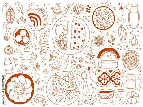 Indian food. Menu India. Curry dish. National cuisine. Restaurant meal. Delicious cooking. Tandoori and naan. Asian samosa. Masala tea. Spicy rice. Chilli or ginger. Vector dinner outline elements set