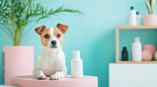 Adorable Jack Russell Terrier with Pet Shampoo, Pampered Pup in a Pastel Setting photo