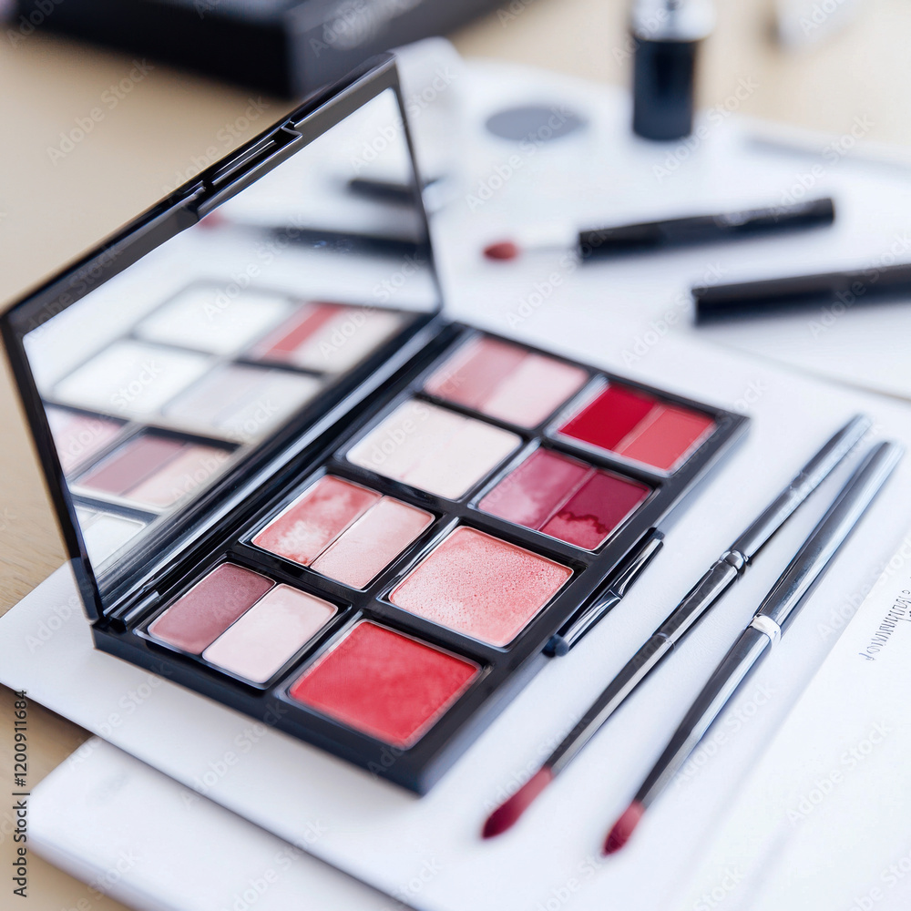 makeup palette with various shades of blush and lipstick, accompanied by brushes and tools on desk isolated design on white background makeup palette with various shades of blush and lipstick, accompanied by brushes and tools on desk isolated design on white background
