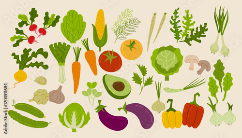 Food vegetables. Icon radish, spinach, onion and carrot, fresh corn, green cucumber, burdock and garlic, turnip. Healthy ingredients. Cooking vegetarian diet. Autumn harvest vector doodle isolated set