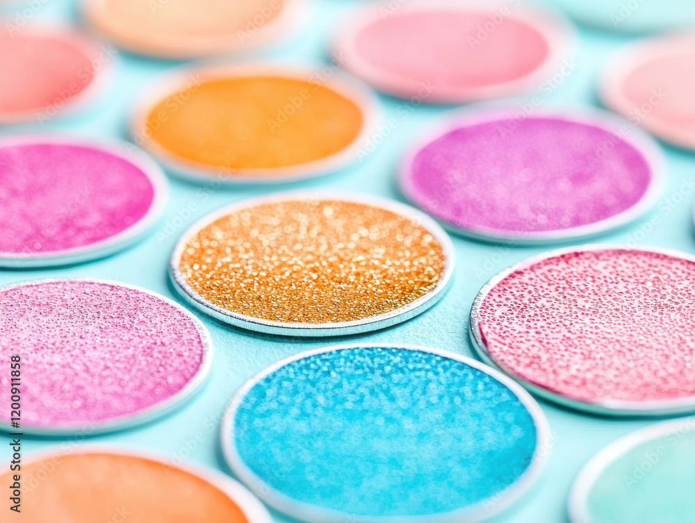 Naklejka premium Vibrant makeup eyeshadow pans in various shimmering colors arranged on pastel background