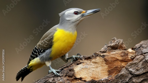 Photo of a grey-headed woodpecker perched on an old tree branch, its grey and yellow plumage contrasting with the brown background. 